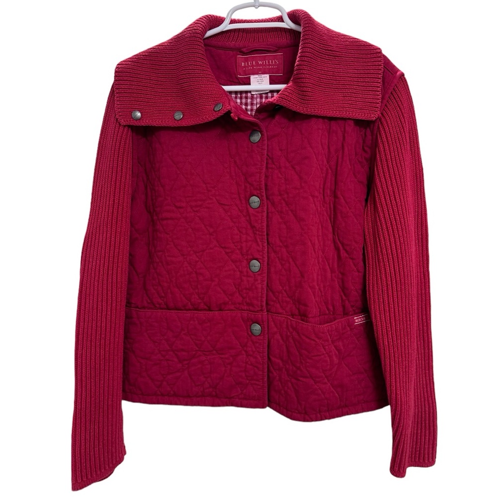 Vintage Blue Willi’s Red Quilted Jacket Knit Sleeves and Collar Sz XL Cotton